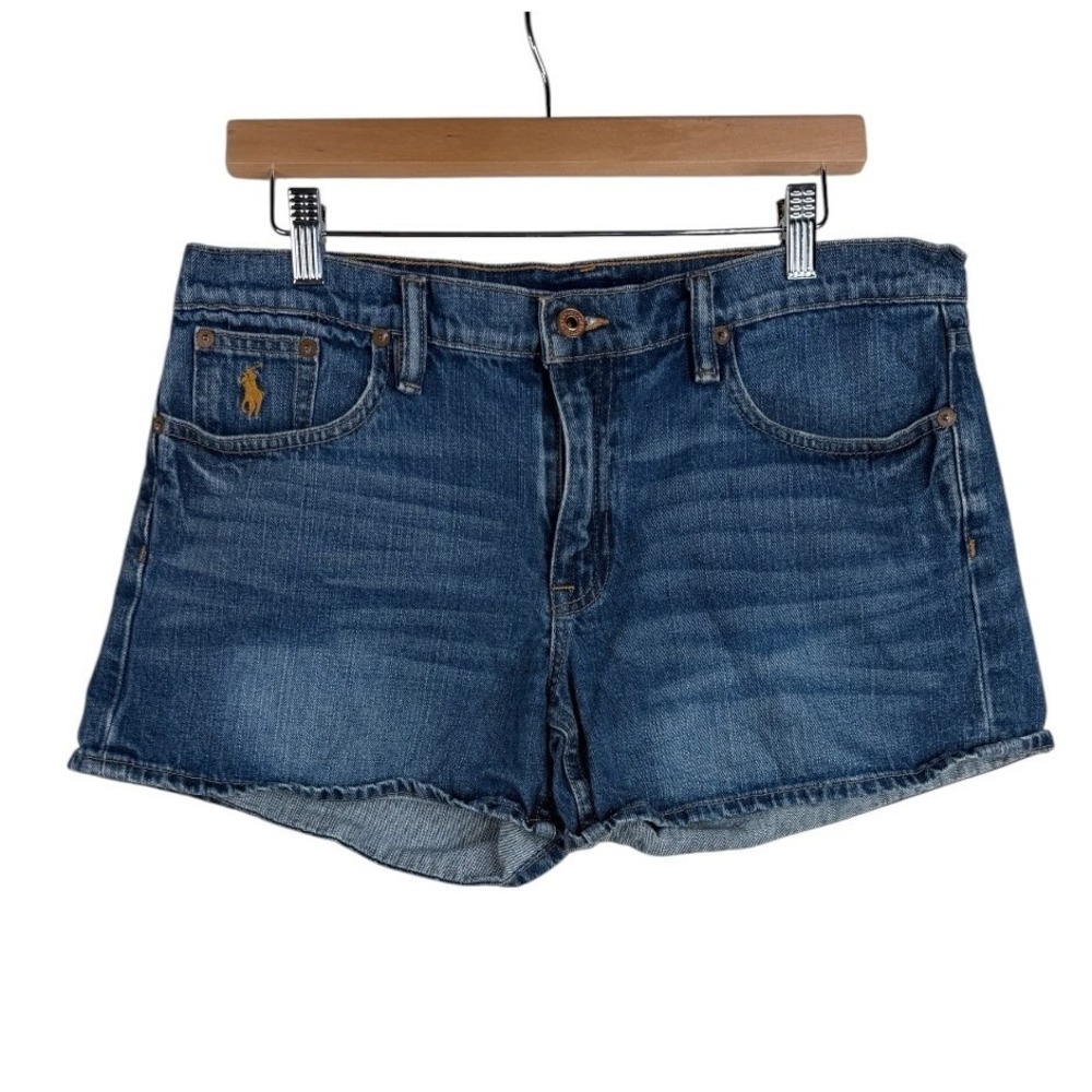 Ralph Lauren Sport Women's Blue Denim Shorts size 10 Orange Logo Medium Wash